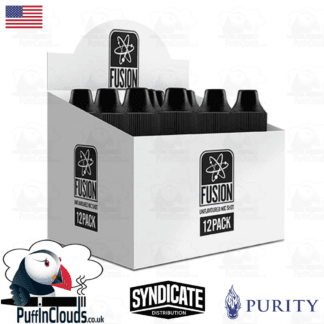 Fusion 10ml unflavoured nicotine shots in a 12-pack box, featuring black bottles and Fusion branding.
