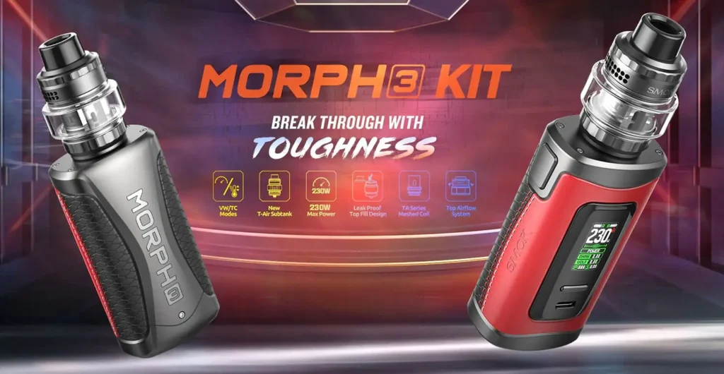The Smok Morph 3 Kit is a dual battery, 230w max power sub-ohm DTL vaping kit