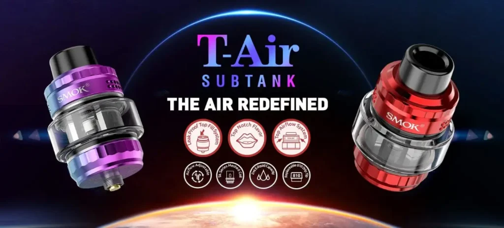 The Smok T-Air Subtank redefines DTL vaping with premium flavour and cloud production while boasting an integrated leak-proof design, top-airflow system and replaceable 810 drip-tip.