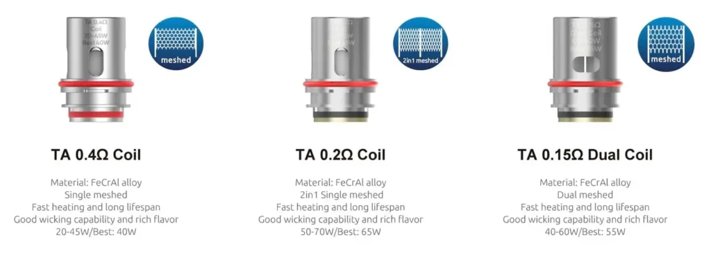 The T-Air Subtank makes use of Smok's convenient push-fit TA coil system, with single 2-in-1 meshed 0.2Ω, dual meshed 0.15Ω and 0.4Ω single meshed coil options.