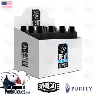 Fusion Menthol 20mg nicotine shots in a 12-pack display box, featuring black-capped bottles and blue Fusion Menthol branding.