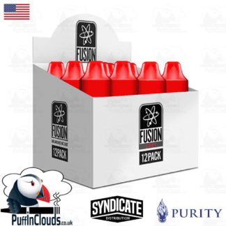 Fusion 10ml nicotine salt shots in a 12-pack display box, featuring red-capped bottles and Fusion Salt branding.