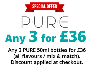 PURE 50ml Shake 'n' Vape e-liquids – mix and match any 3 PURE flavours for £36. Discount applied at checkout.