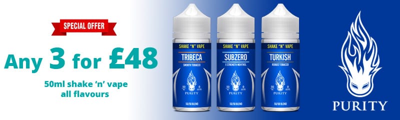 Purity 50ml Shake 'n' Vape e-liquids – any 3 flavours for £48, including Tribeca, SubZero and Turkish Tobacco.