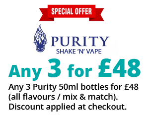 Purity 50ml Shake 'n' Vape e-liquids – mix and match any 3 core Purity flavours for £48. Discount applied at checkout.
