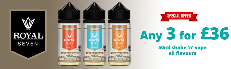 Royal Seven 50ml Shake 'n' Vape e-liquids – any 3 for £36, featuring Ultra Smooth, Ultra Strong and Woodsy Blend.